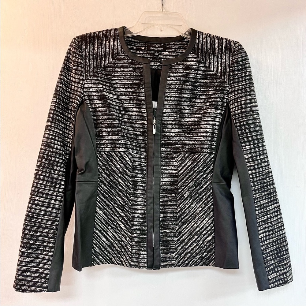 NWT Women’s Black Vegan Leather & Black White Tweed Zip Jacket, Size Small